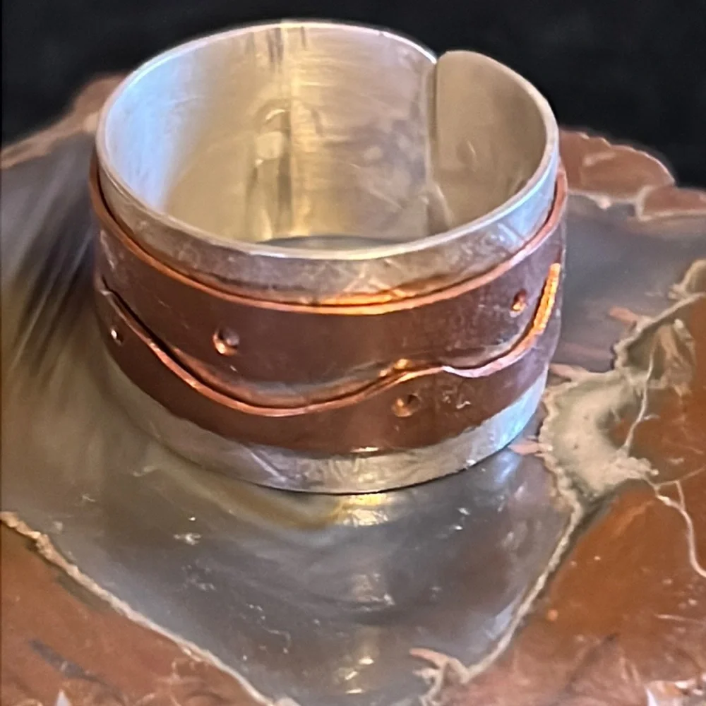 Men’s Vintage Hand Crafted Silver & Copper Statement Ring Size 14